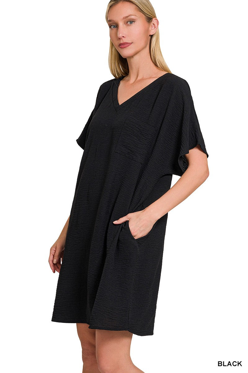 WOVEN AIRFLOW V NECK T SHIRT DRESS WITH POCKETS