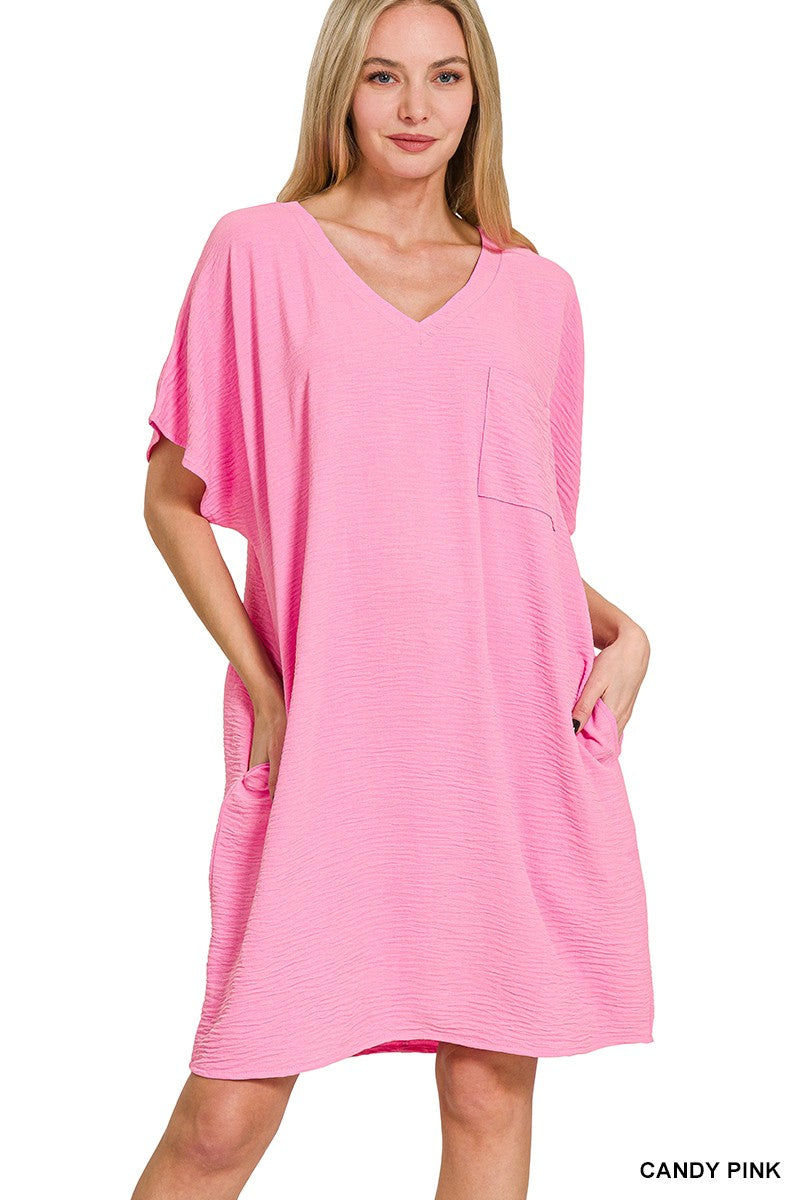 WOVEN AIRFLOW V NECK T SHIRT DRESS WITH POCKETS