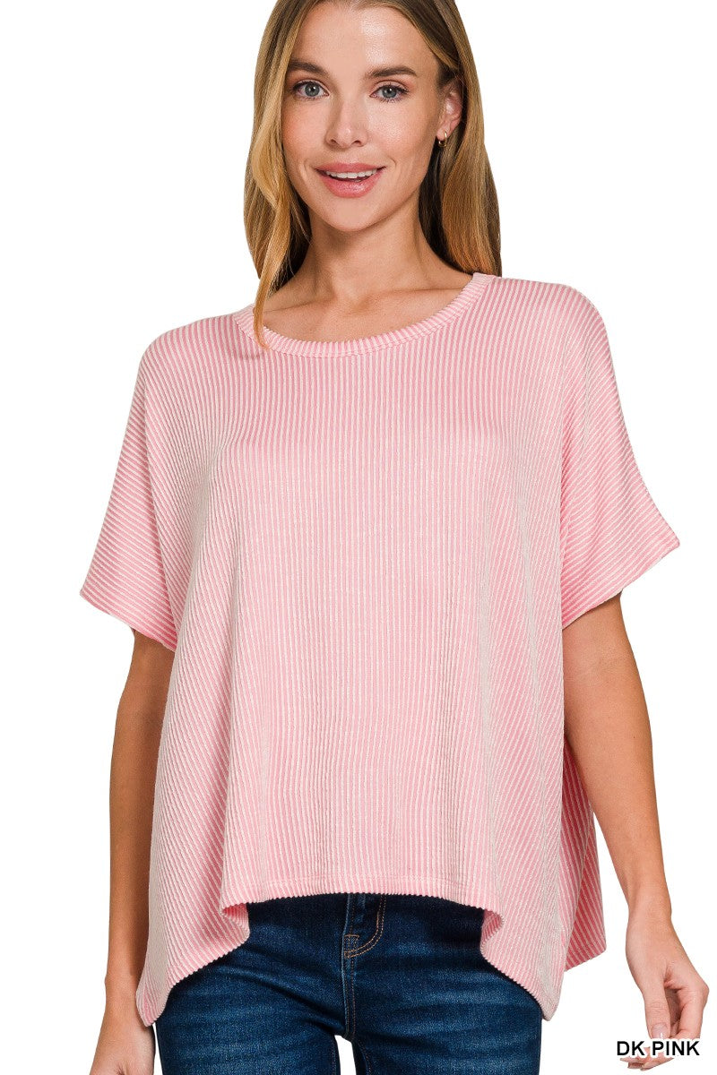 RIBBED STRIPED OVERSIZED SHORT SLEEVE TOP
