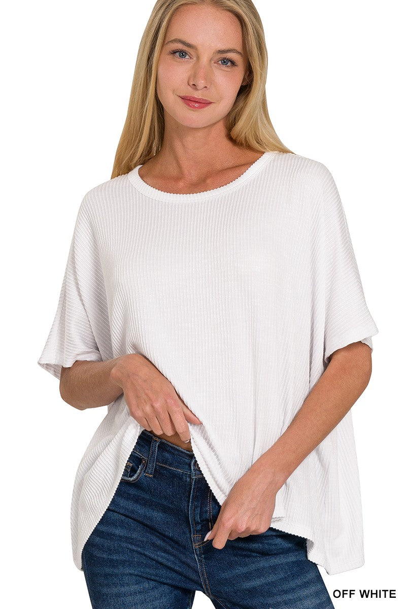 RIBBED STRIPED OVERSIZED SHORT SLEEVE TOP